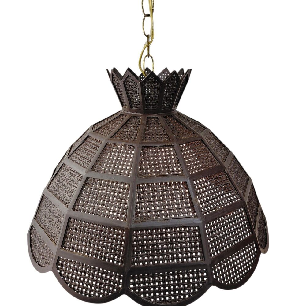 MCM Hanging Swag Lamp Brown Wicker Rattan Shade  12 ft Chain Cord Plug Vtg